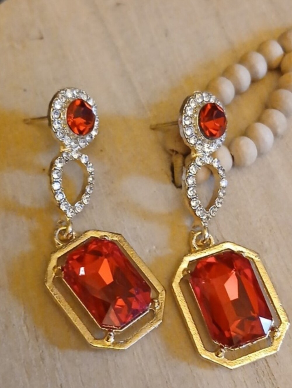 New Women's Red Crystal Drop Gold Statement Cocktail Earrings Jewelry - Picture 7 of 13